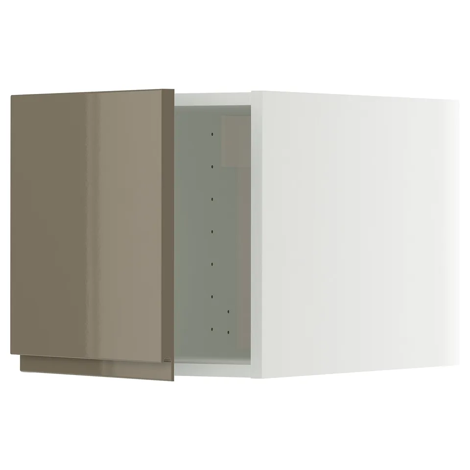 Modern kitchen cabinet in high gloss dark grey-brown with sleek handles.