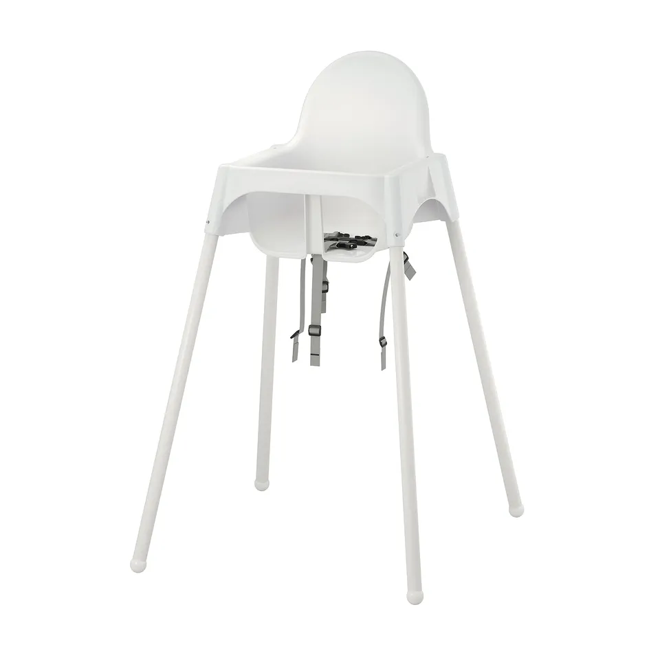 White ANTILOP highchair for kids, plastic seat, four legs, adjustable straps.