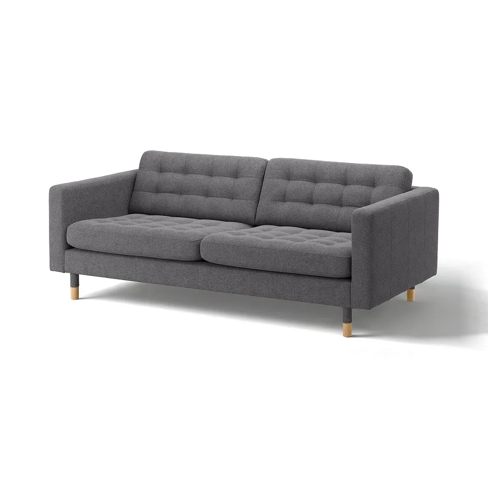 Grey 3-seat sofa with tufted design, wooden legs, and modern style.