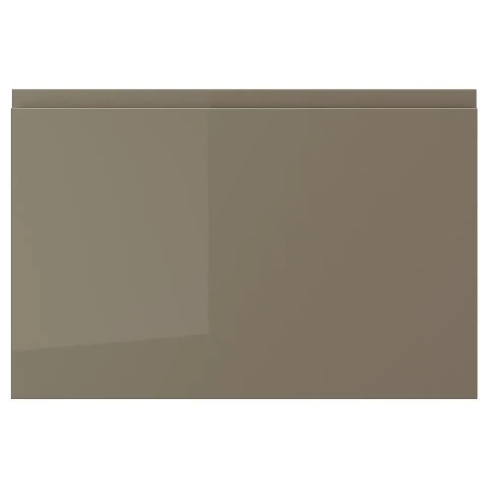 VOXTORP modern kitchen door, high gloss dark grey-brown, sleek design with integrated handles, easy to clean, rectangular shape.