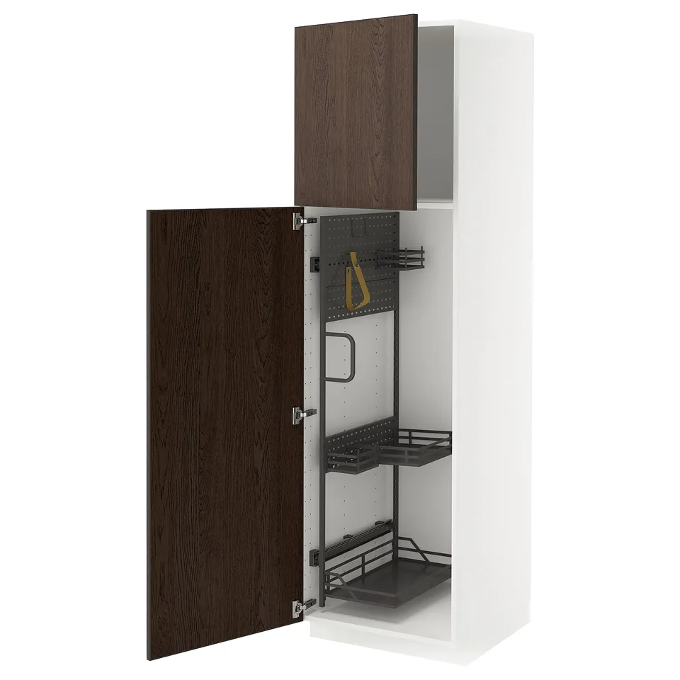 METOD kitchen unit, white & dark wood, open cabinet with pull-out organisers.