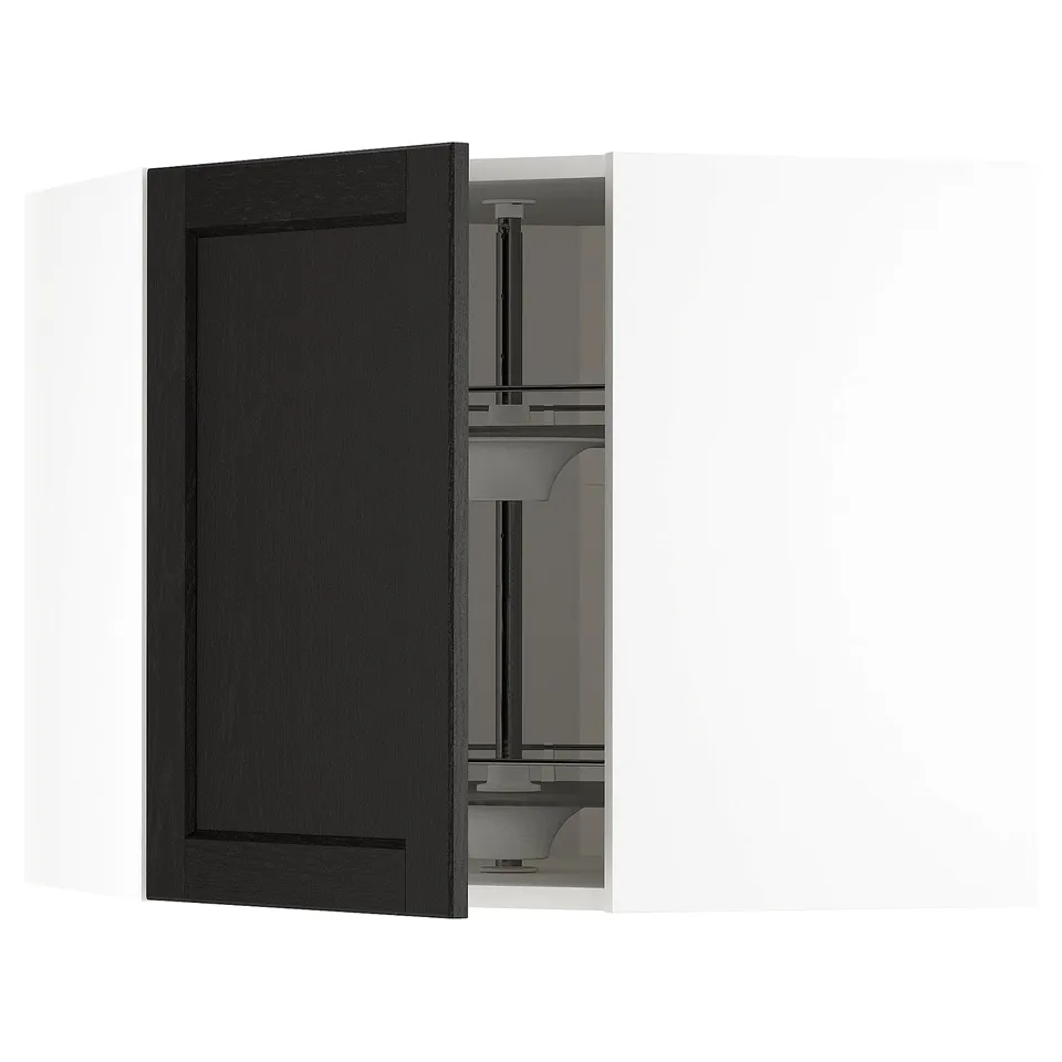 Open dark wooden kitchen cabinet showcasing shelves.