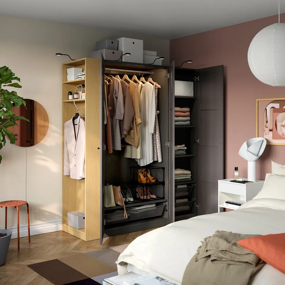 PAX / BERGSBO Wardrobe combination, dark grey dark grey/oak effect, 170x60x201 cm