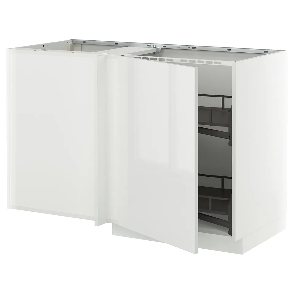 METOD kitchen unit: white, modern, corner base with pull-out shelves, high gloss finish.