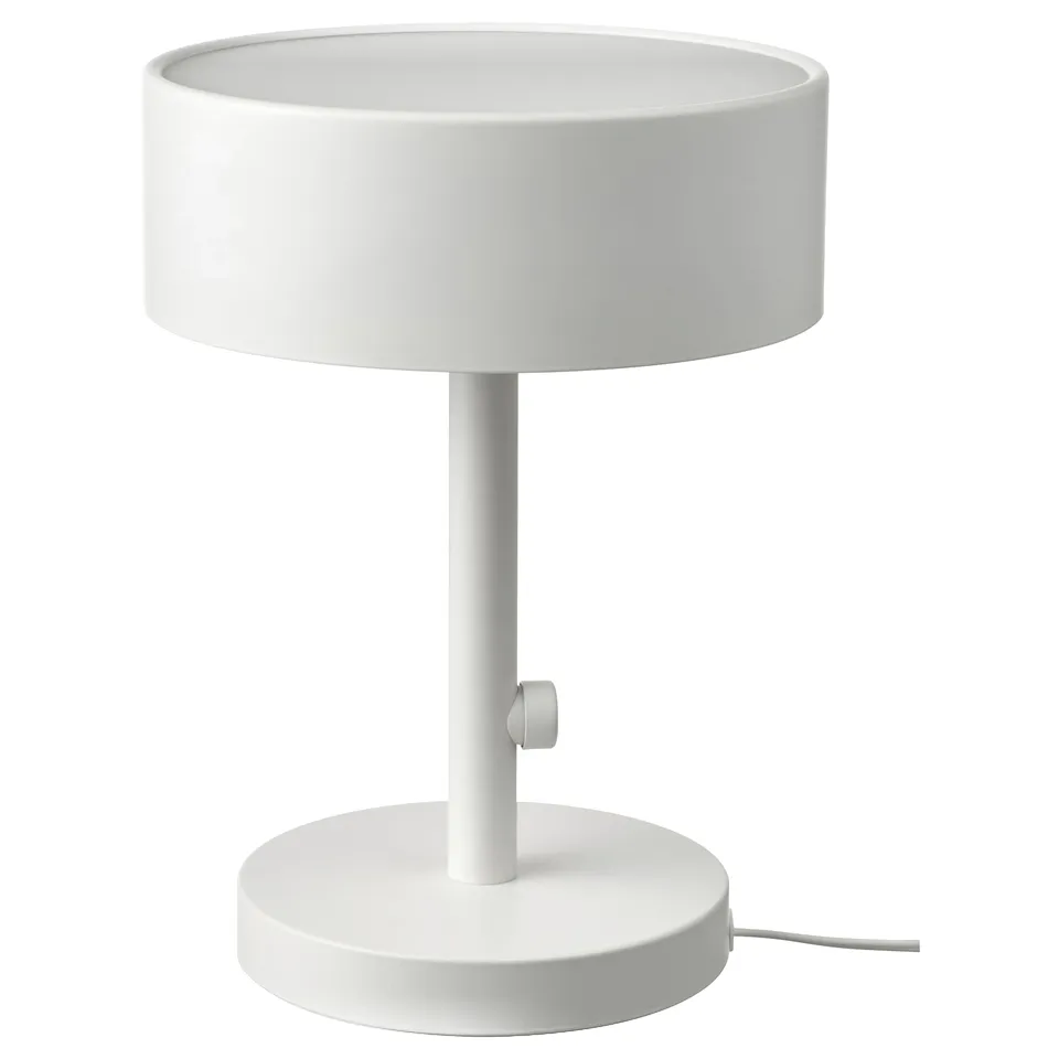 Modern white table lamp, NYMÅNE, round shape. Frosted glass, sturdy metal base, sleek and minimalist design.