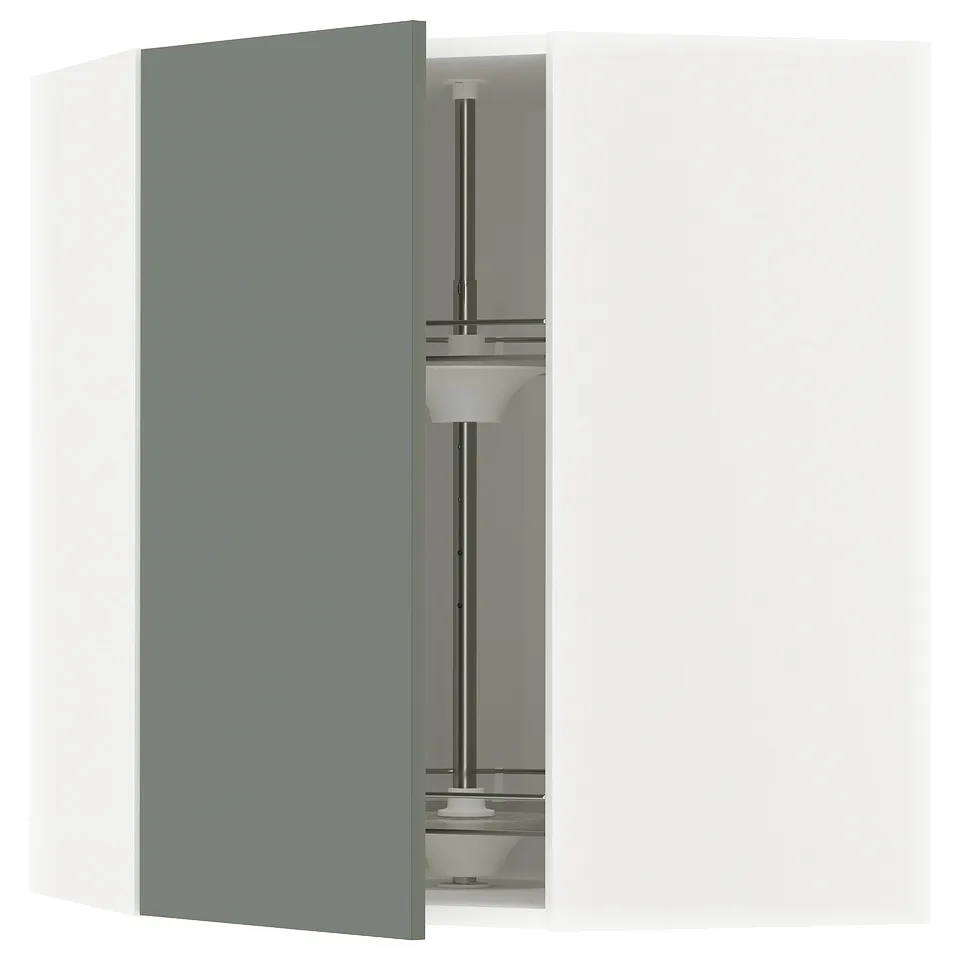 Modern kitchen unit with teal METOD cabinet and glass shelves.