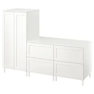 SMÅSTAD / PLATSA wardrobe, white with frame/with 2 chest of drawers, Depth 57 x Height 133 x Width 180 cm