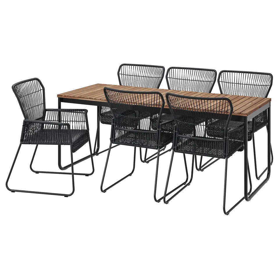 Modern black outdoor dining set with square acacia table and wicker chairs. Sleek and stylish design, perfect for patio or deck.
