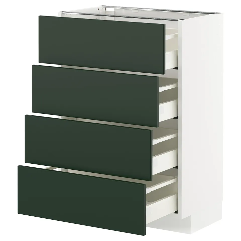 Modern METOD kitchen unit with 4 green drawers.