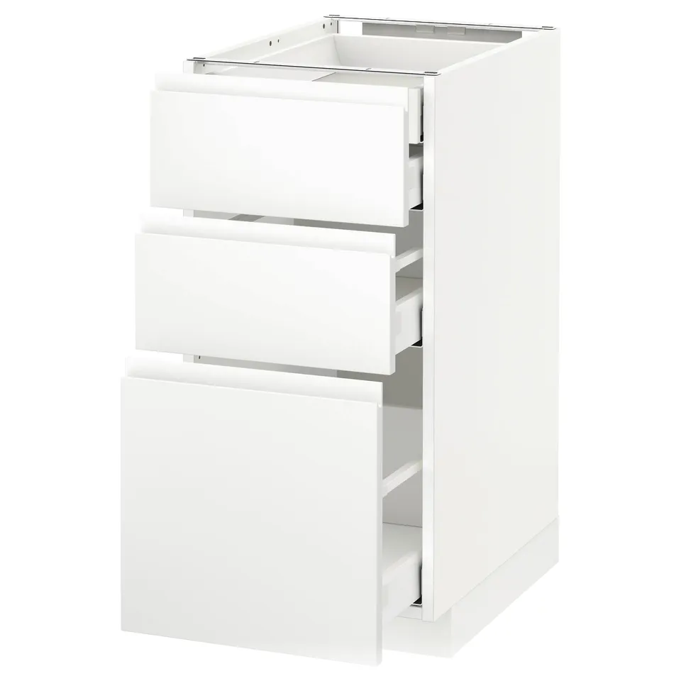 White METOD kitchen cabinet with three self-closing drawers, modern minimalist design.