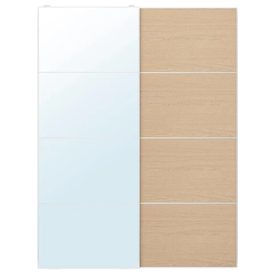 An AULI sliding door combo. It includes a mirrored door and a bi-color wooden panels. The left side is white, the right has light wood finish.