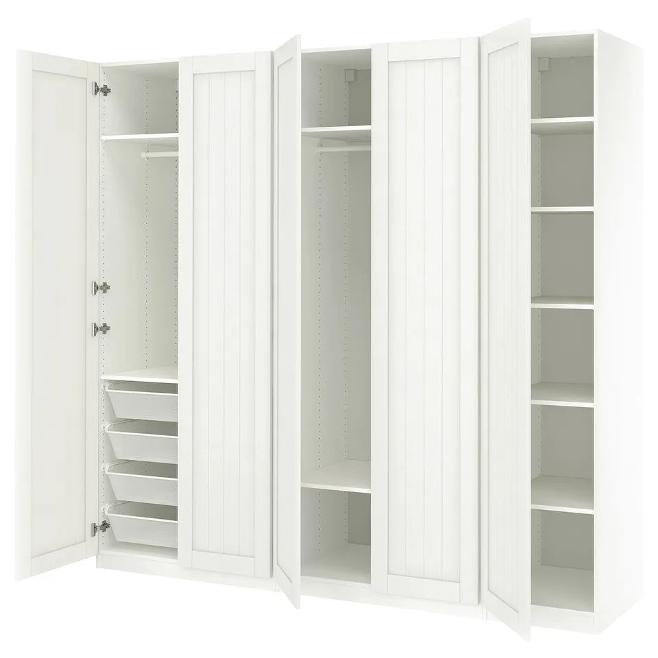 White PAX wardrobe with open doors, shelves, and mesh baskets.