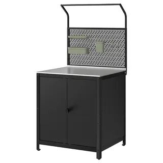 GRILLSKÄR kitchen island w back panel, with doors stainless steel/outdoor, 86x61x176 cm