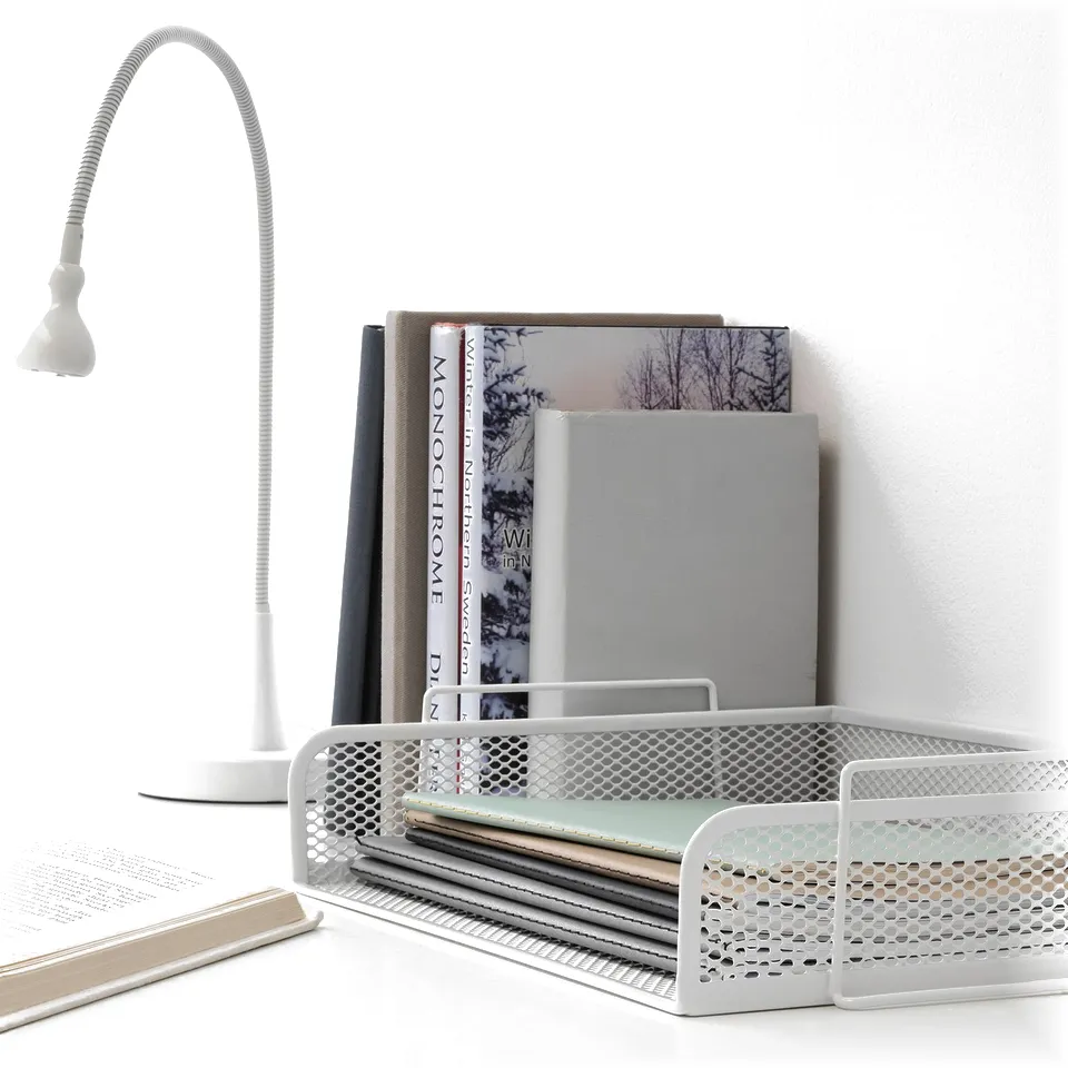 White DRÖNJÖNS tray with two compartments, holding books and papers, next to a flexible lamp. Sturdy steel design with powder coating, modest size.