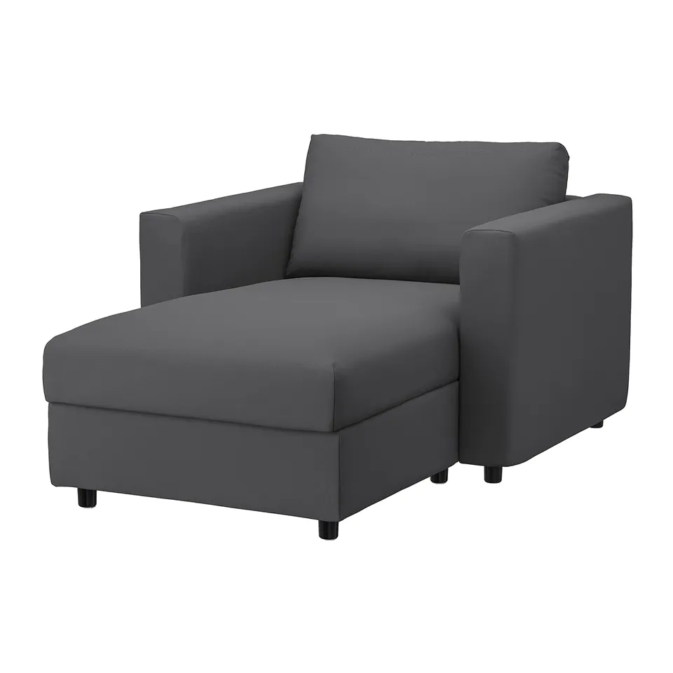 Grey VIMLE lounge chair with dark legs, modern design.
