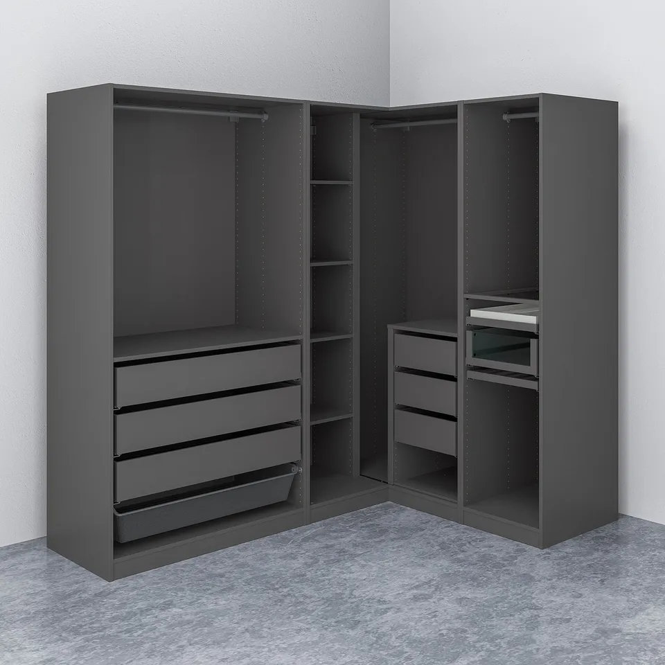 Grey corner wardrobe with drawers, shelves, and hanging space. Mesh basket for folded clothes. Adjustable feet.