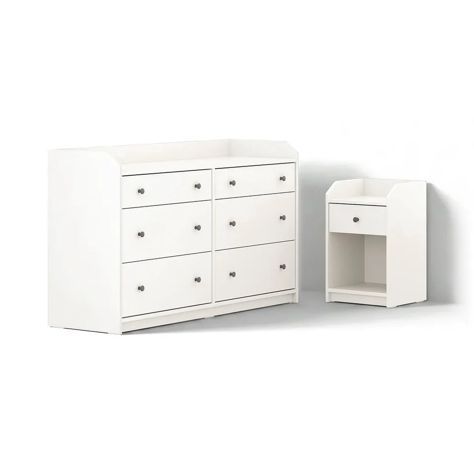 HAUGA white bedroom furniture set. Dresser and bedside table in modern style.