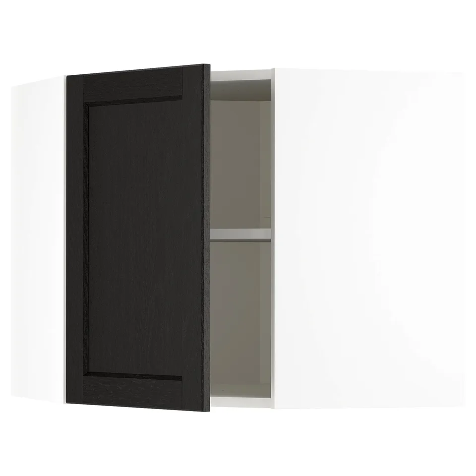 Open black stained wooden kitchen cabinet with one shelf.