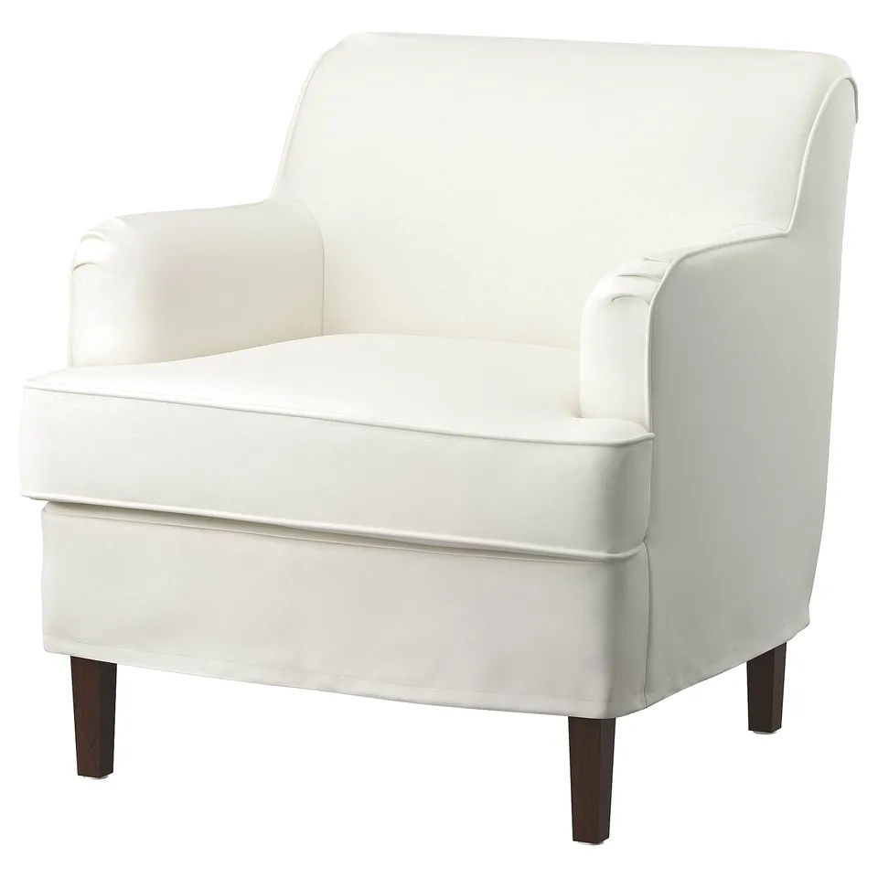 White ROCKSJÖN armchair, modern, rounded shape, wooden legs, upholstered.