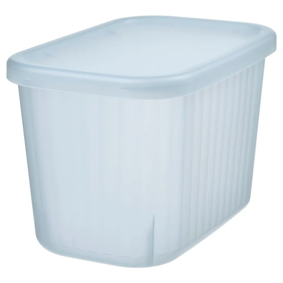 RYKTA light blue plastic container with lid, rectangular shape, slightly tapered sides, vertical grooves.