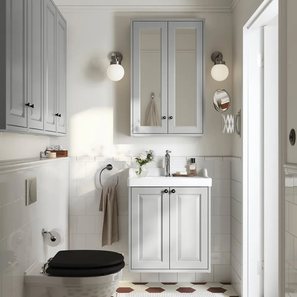 TÄNNFORSEN / RUTSJÖN Wash-stnd w doors/wash-basin, light grey, 62x49x74 cm