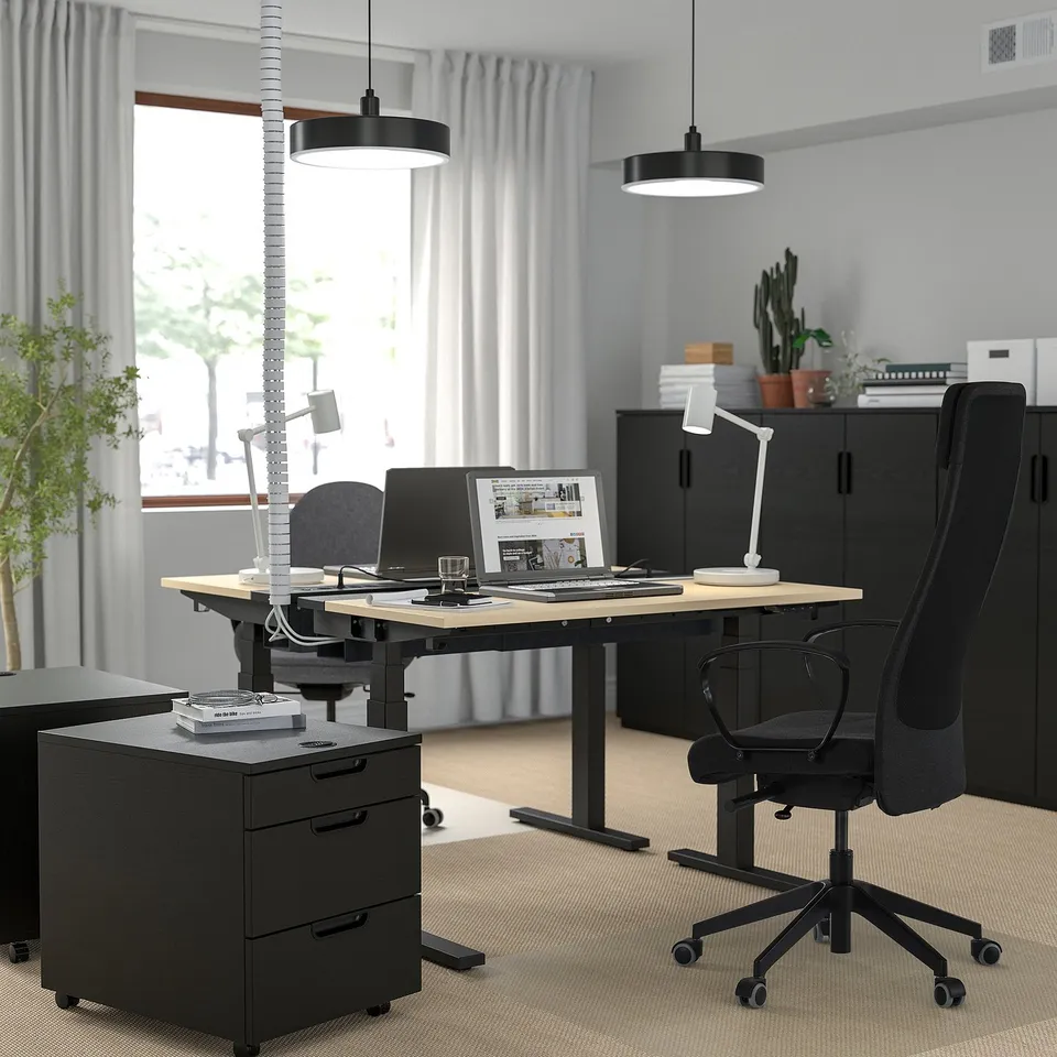 Modern home office: MARKUS black chair, wooden desk, shelves, plants, lamps. Chair large, desk medium.