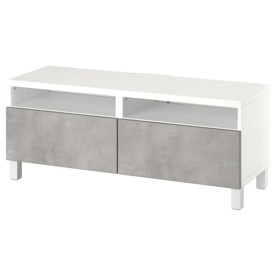 White BESTÅ tv stand with concrete effect drawers, rectangular shape, minimalist design.