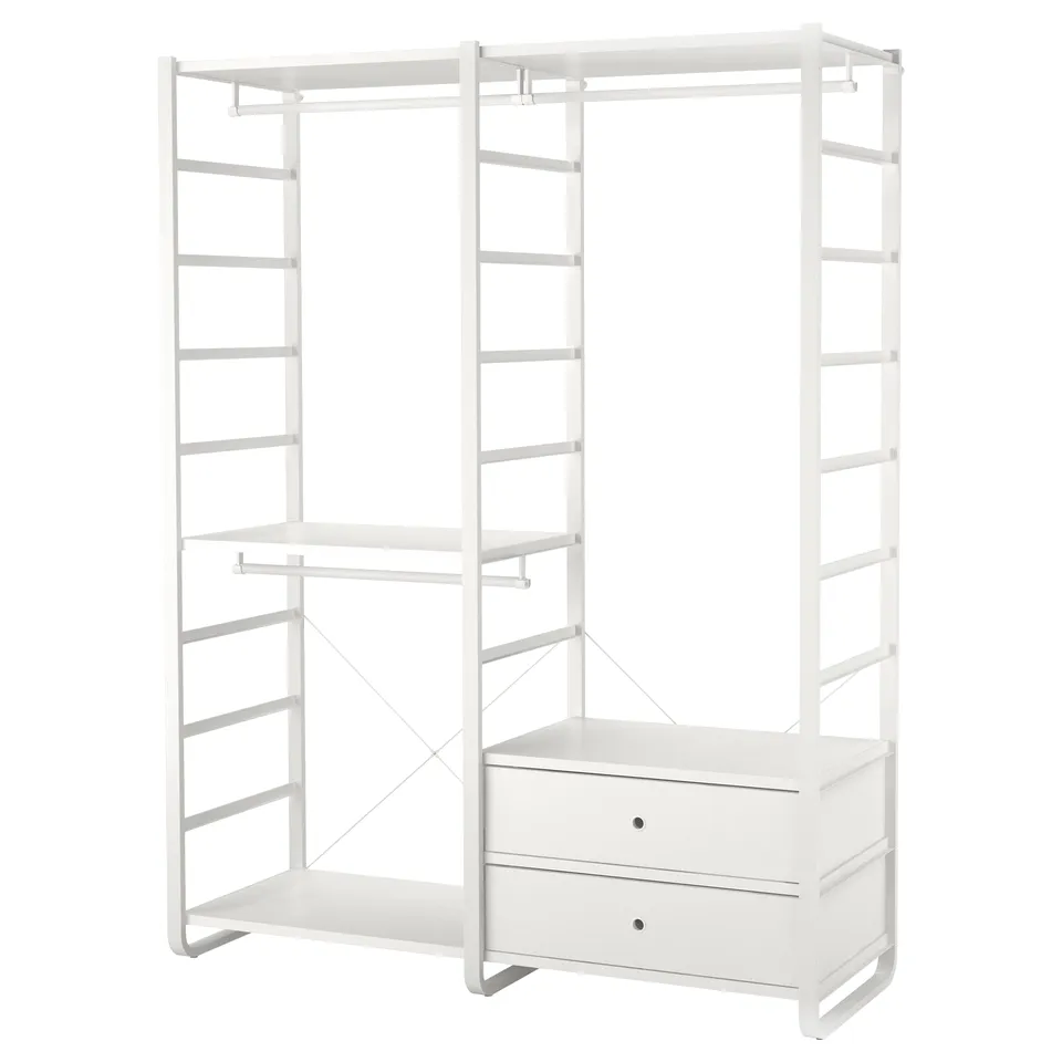 ELVARLI white modular wardrobe with shelves and drawers, sleek and modern design.