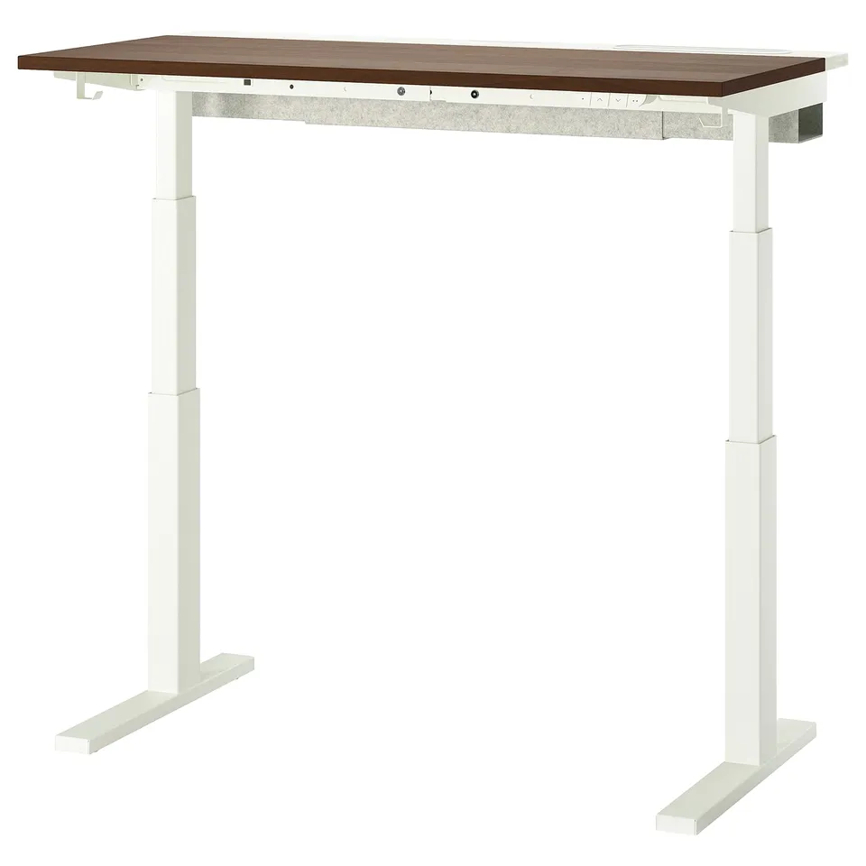 MITTZON standing desk, white legs, wooden top, adjustable height, modern minimalist design.