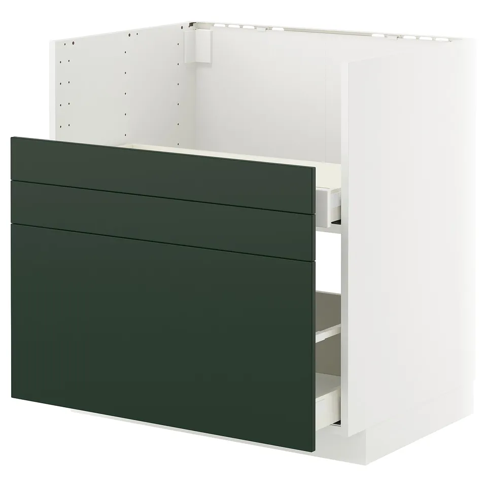 Modern kitchen cabinet, dark green, white, rectangular.