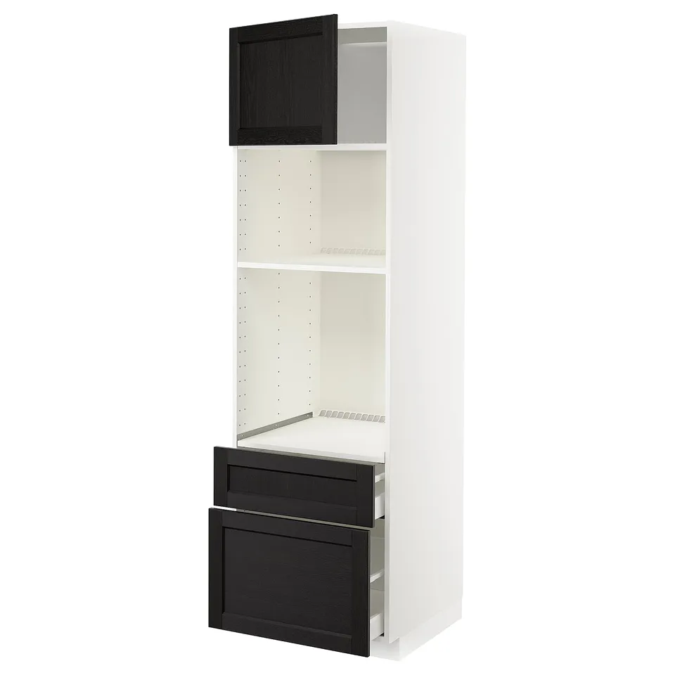 A white ikea METOD kitchen unit with black stained wood drawer and cabinet doors, featuring adjustable shelves and full-extension drawers.