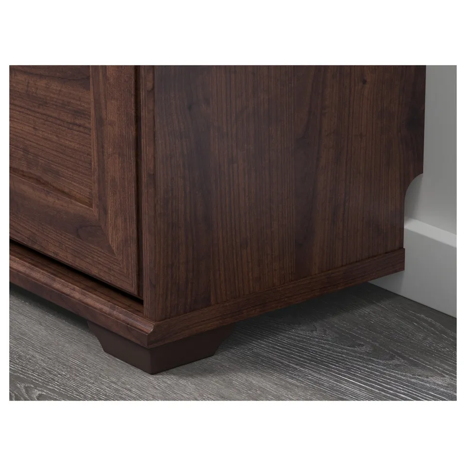 Dark wood cabinet with adjustable shelves, solid base.