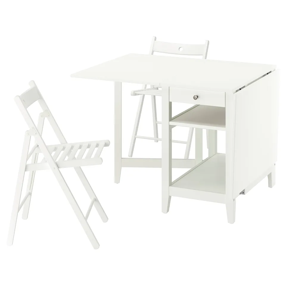 All-white compact dining set with foldable table and chairs. Modern, minimalist design, ideal for small spaces.