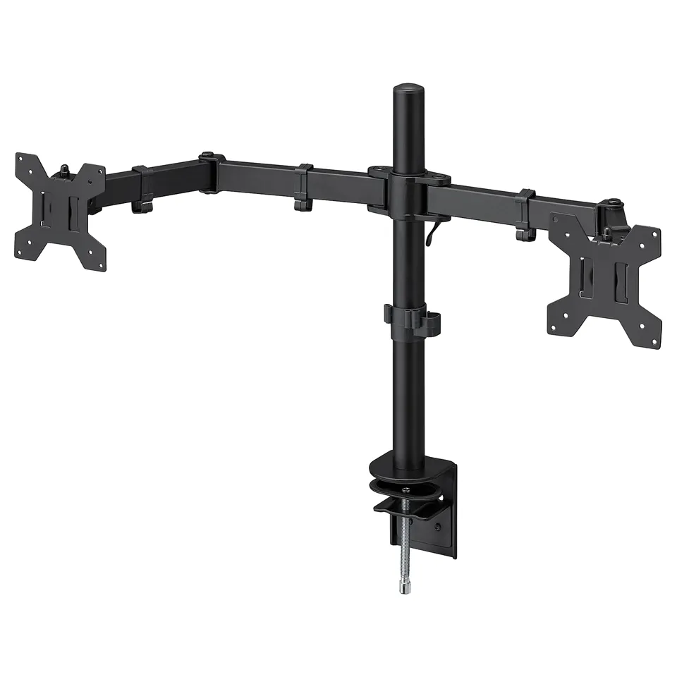 Black dual monitor stand mounts screens vertically and horizontally using clamp, steel and plastic.