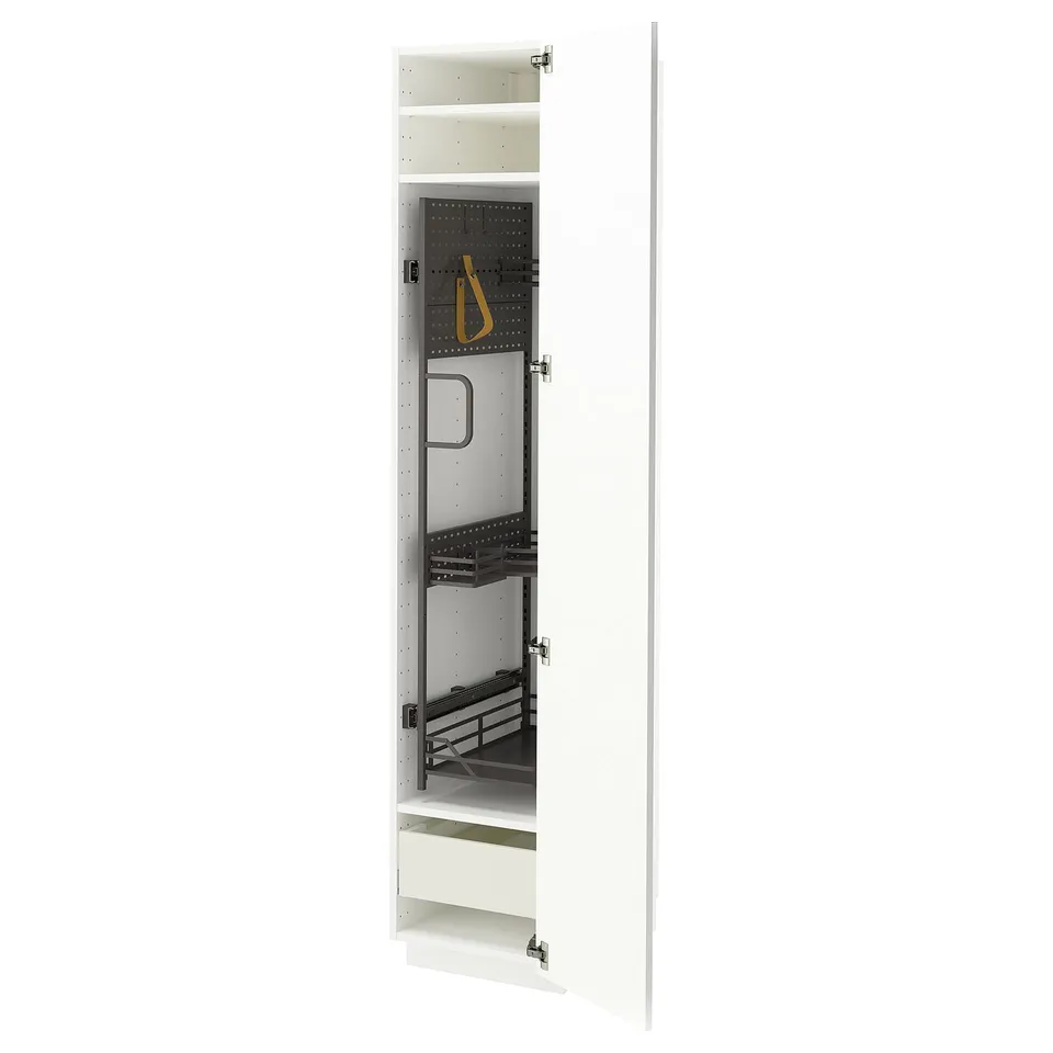 Open white cabinet: modern, tall, white METOD kitchen storage with multiple shelves and pull-out organisers.