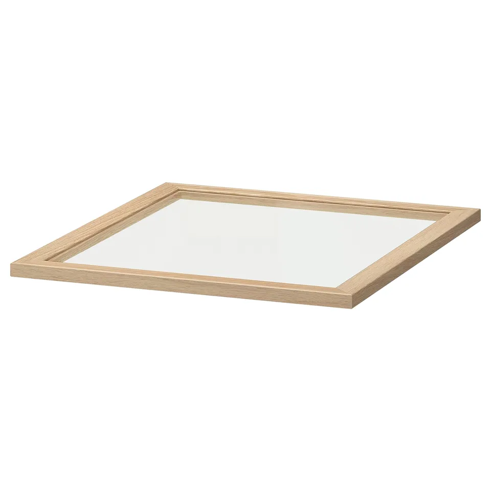 Clear glass shelf in wooden frame, rectangular shape, light oak colour.