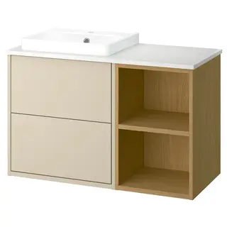 HAVBÄCK / ORRSJÖN wash-stand/wash-basin, beige/oak effect/white marble effect, 102x49x71 cm