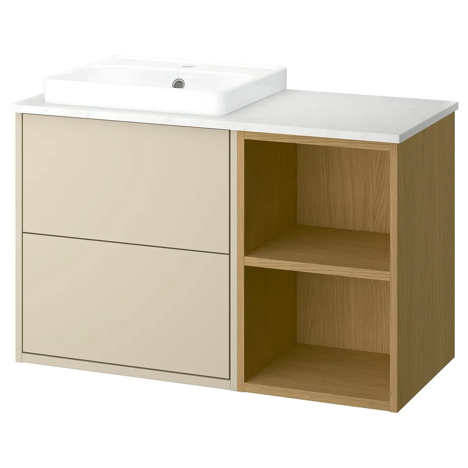 Modern beige bathroom vanity set with mix storage, marble counter, and white sink.