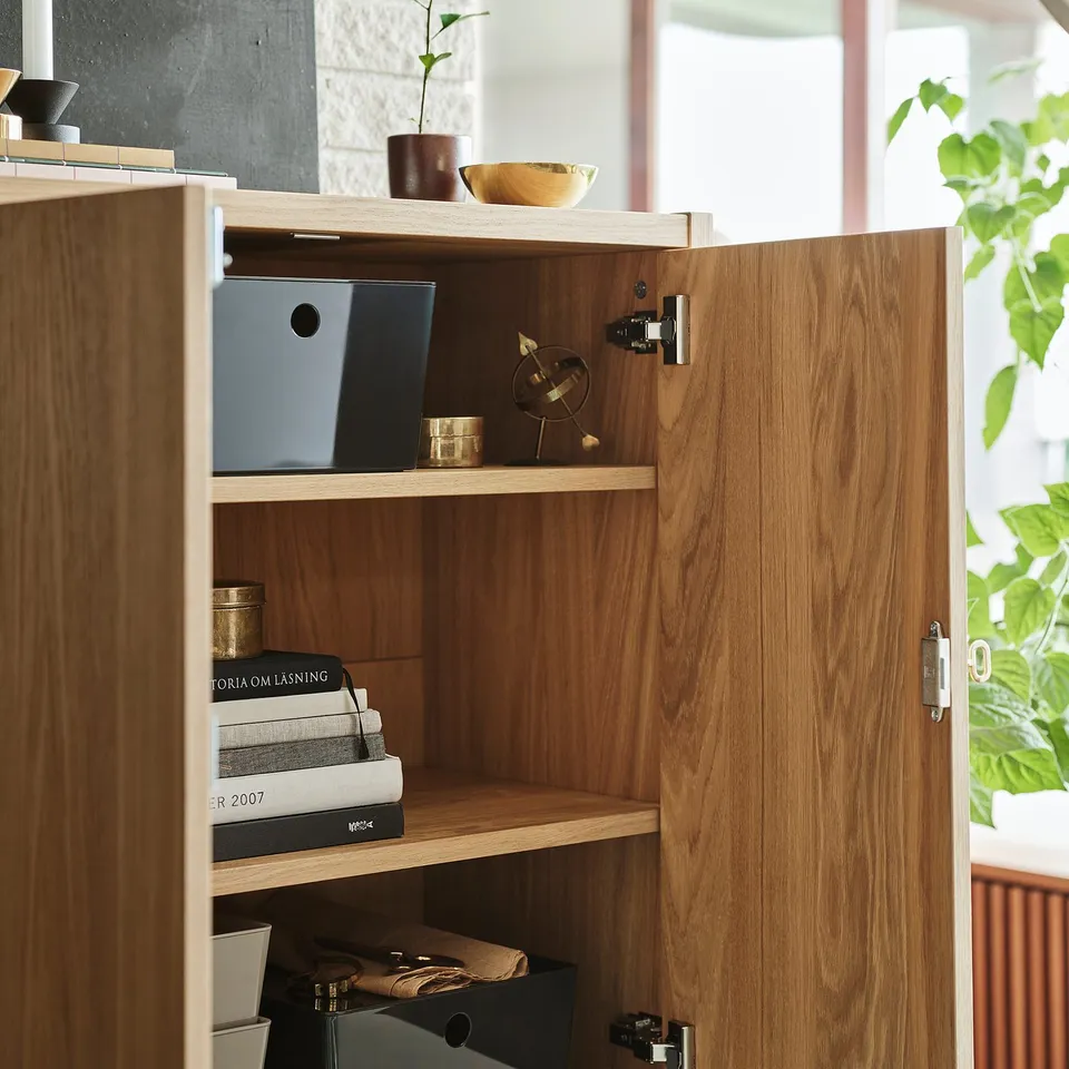 Wooden cabinet with adjustable shelves, soft-close doors, and a lock.