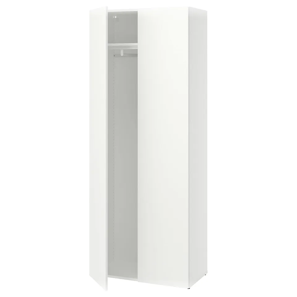 A white LASTARE wardrobe cabinet with one open door, revealing an empty interior and shelves.