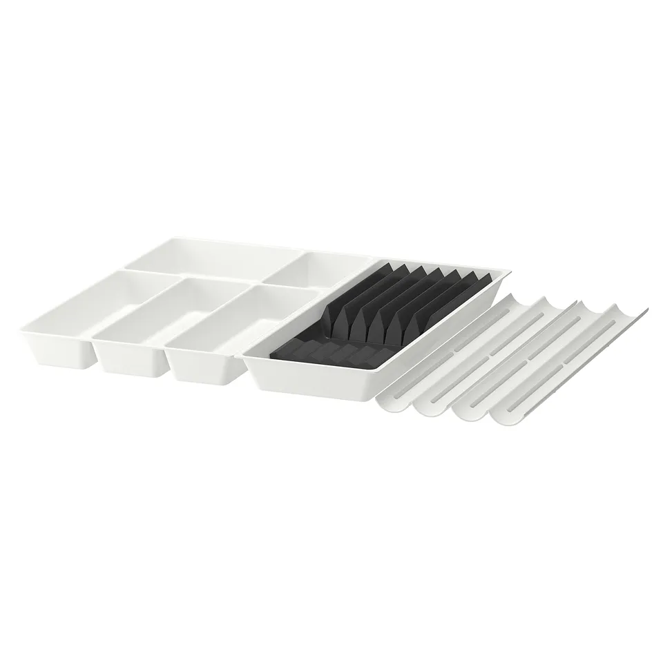 UPPDATERA kitchen drawer organisers in white plastic, keeping cutlery and utensils tidy.