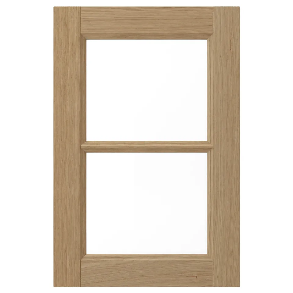 VEDHAMN natural oak wooden cabinet door with glass panel.