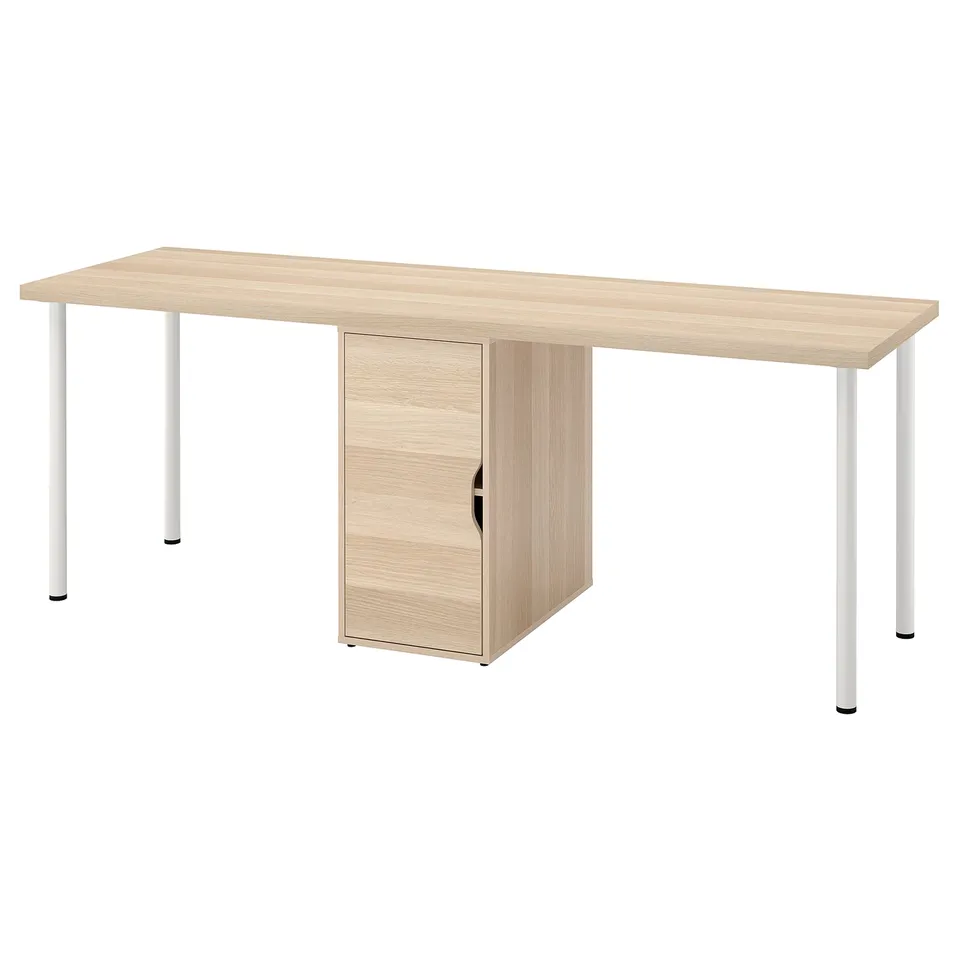 LAGKAPTEN desk, light wood, metal legs, minimalist design, central storage.