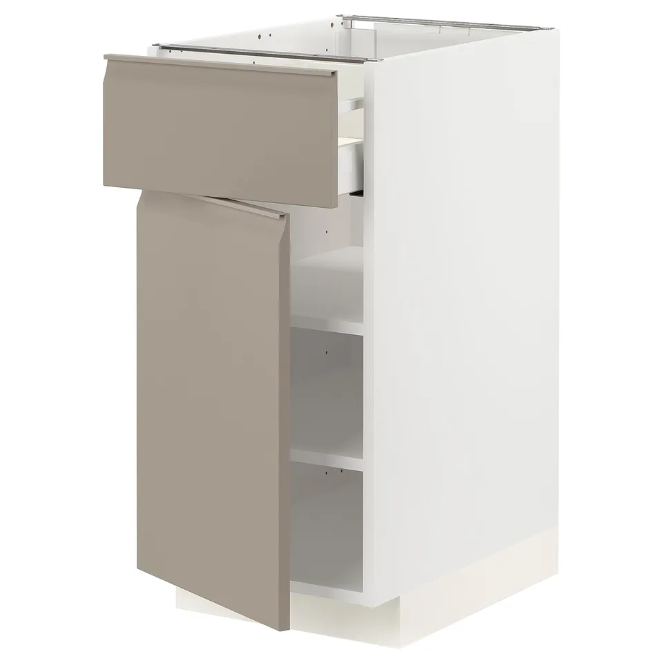 METOD kitchen unit: modern, tall, light grey-beige, wooden, with open shelves and drawers.