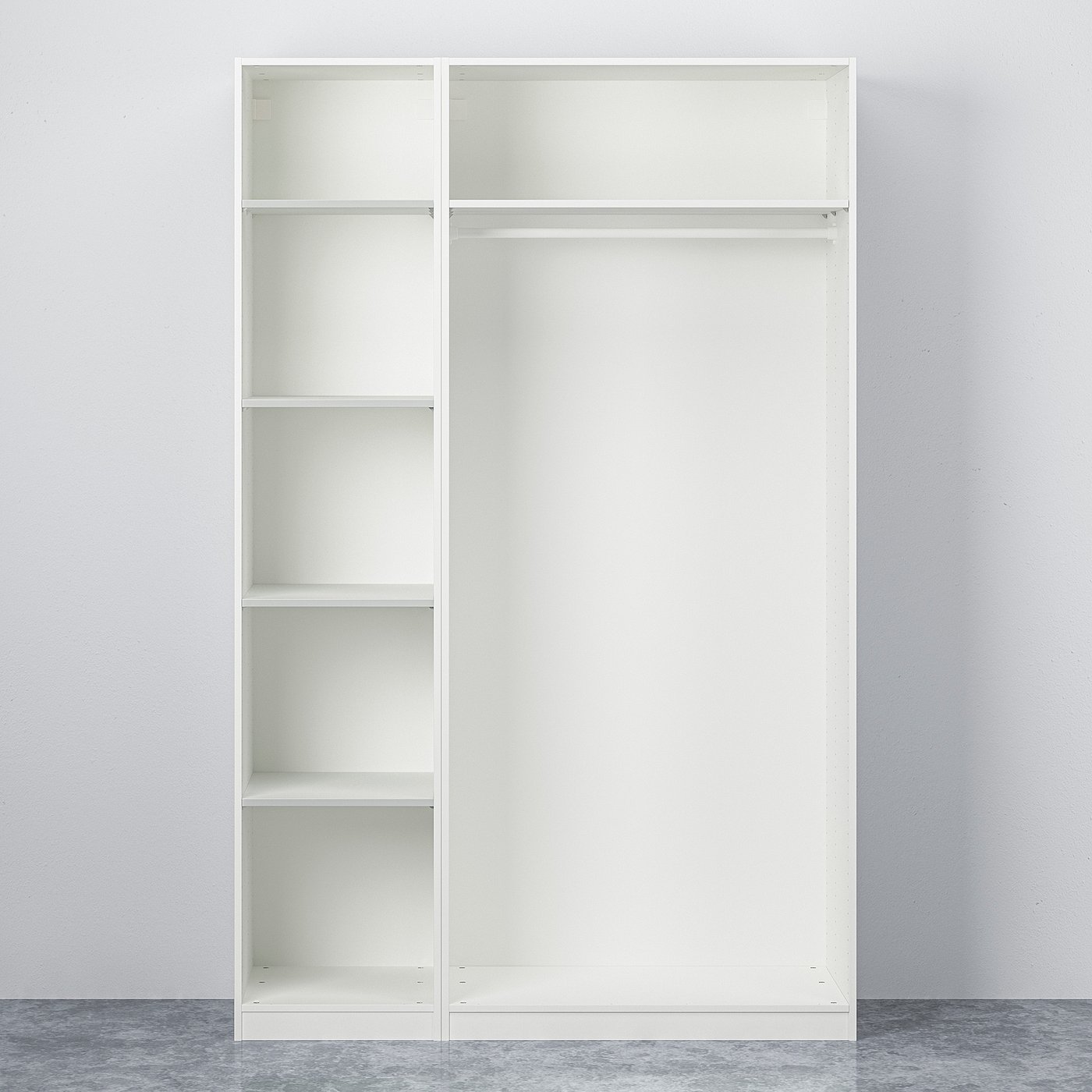 White PAX wardrobe with multiple shelves and hanging space.