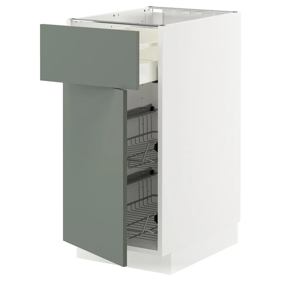METOD kitchen unit with grey-green drawer, wire baskets, 25-year guarantee.