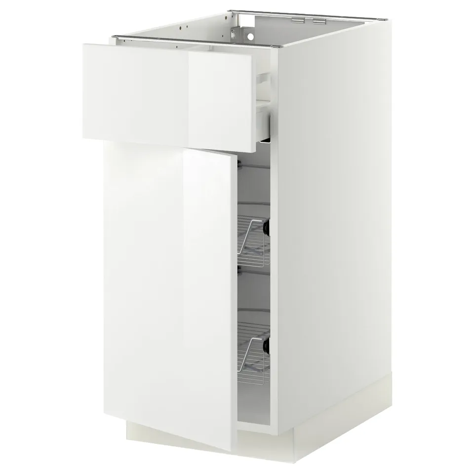 A white METOD kitchen cabinet with a glossy finish and open door exposing wire shelves.