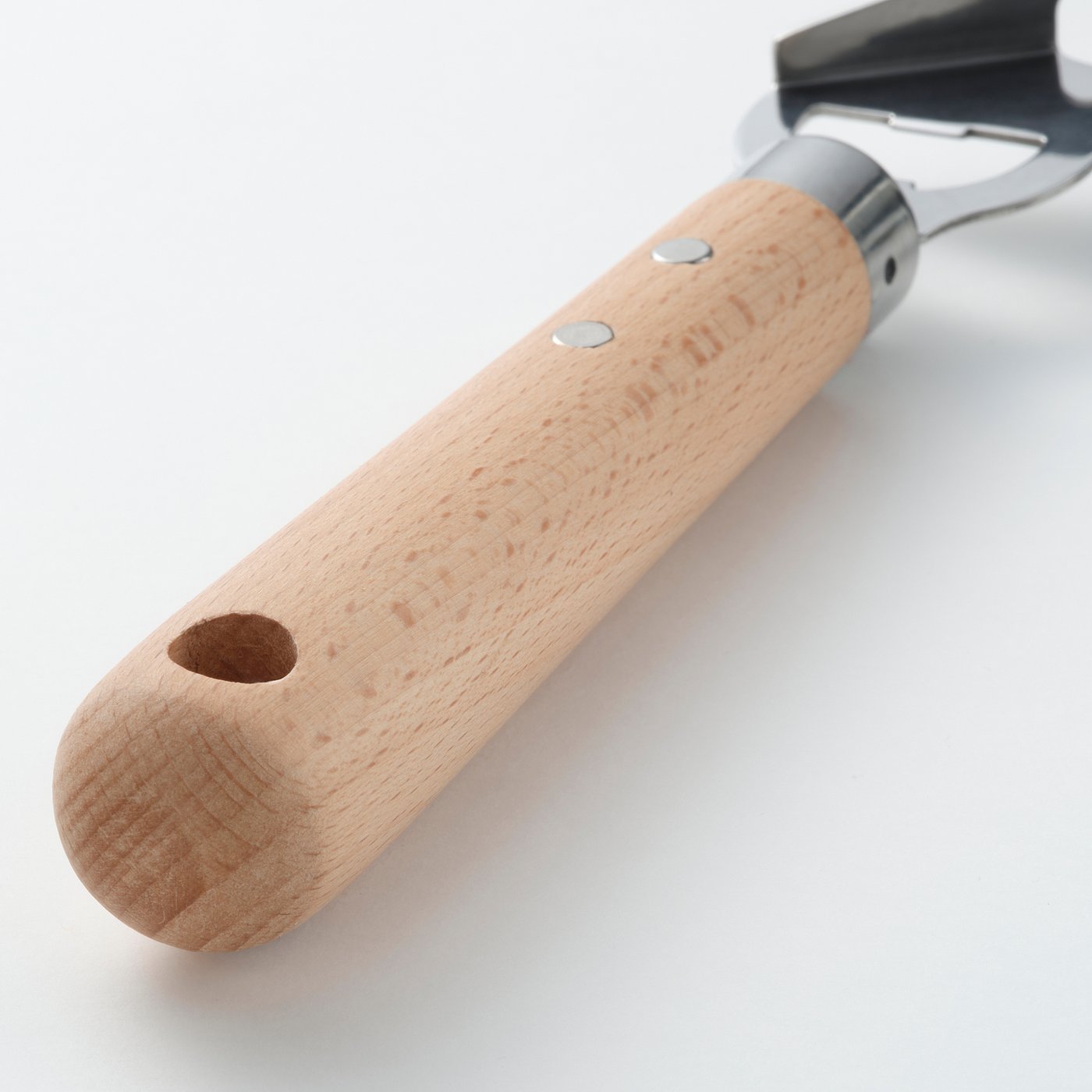 Wooden-handled stainless steel bottle opener. Durable build, natural finish handle.