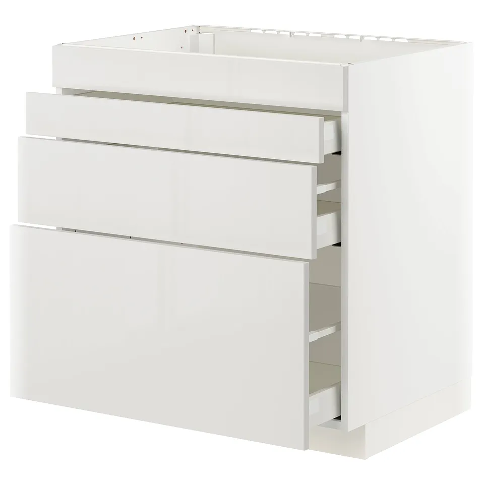 Modern white kitchen cabinet with four pull-out drawers.