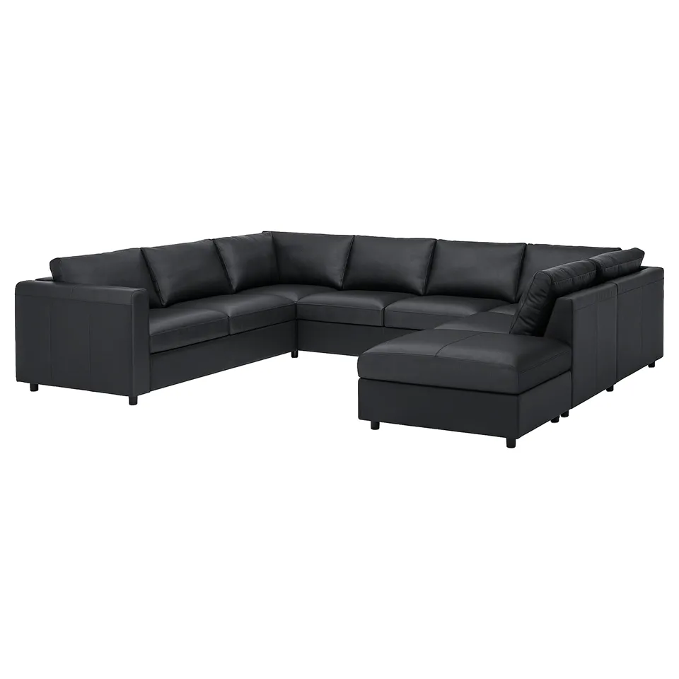 Dark grey VIMLE sectional sofa with low back, wide seats, and sleek design.